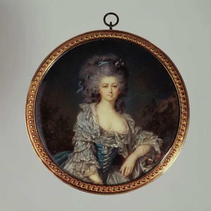 Framed Print : Portrait thought to be the Countess of Angiviller in a blue dress with lace, c1785. Creator: Jean Baptiste Joseph Le Tellier Framed Print : Portrait thought to be the Countess of Angiviller in a blue dress with lace, c1785. Creator: Jean Baptiste Joseph Le Tellier