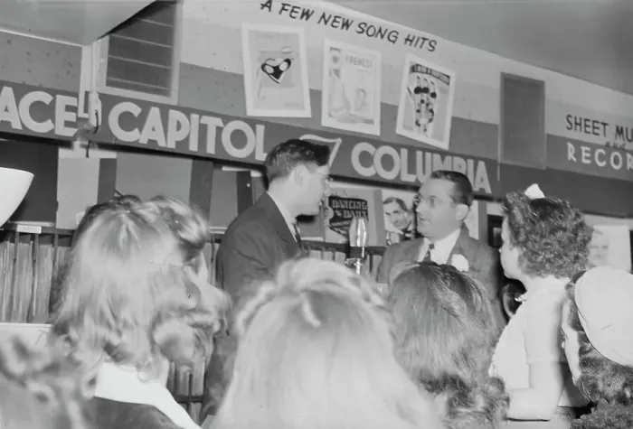 Framed Print : Portrait of Tommy Dorsey and William P. Gottlieb, record store, Washington, D.C. ca. 1940. Creator: Delia Potofsky Gottlieb Framed Print : Portrait of Tommy Dorsey and William P. Gottlieb, record store, Washington, D.C. ca. 1940. Creator: Delia Potofsky Gottlieb