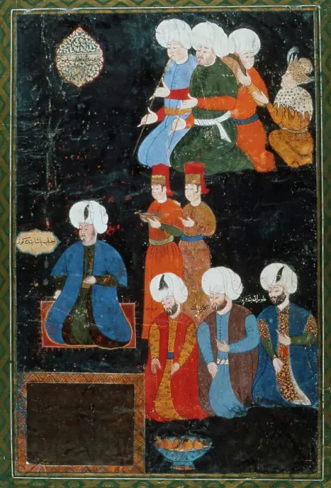 Framed Print : Portrait of a Turkish Pasha with Attendants, c1570. Creator: Haydar Nigari Framed Print : Portrait of a Turkish Pasha with Attendants, c1570. Creator: Haydar Nigari