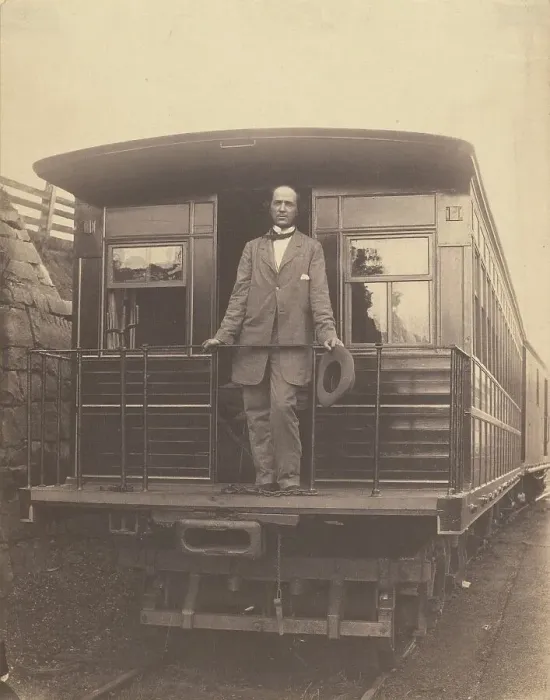 Framed Print : Portrait of an unidentified man standing on rear platform of a train, about 1863. Creator: Unknown Framed Print : Portrait of an unidentified man standing on rear platform of a train, about 1863. Creator: Unknown
