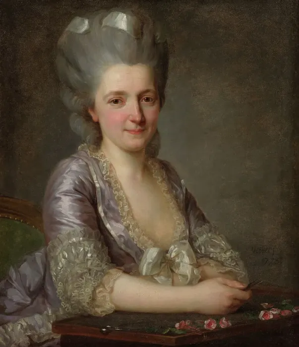 Framed Print : Portrait of unknown botanist, possibly Elisabeth Julienne Pommereul Dugage, 1778. Creator: Antoine Vestier Framed Print : Portrait of unknown botanist, possibly Elisabeth Julienne Pommereul Dugage, 1778. Creator: Antoine Vestier