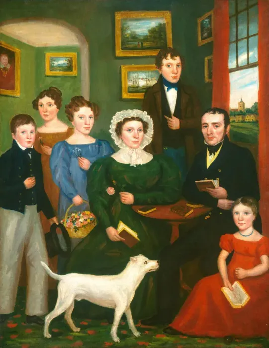 Framed Print : Portrait of an Unknown Family with a Terrier, c. 1825 / 1835. Creator: Unknown Framed Print : Portrait of an Unknown Family with a Terrier, c. 1825 / 1835. Creator: Unknown