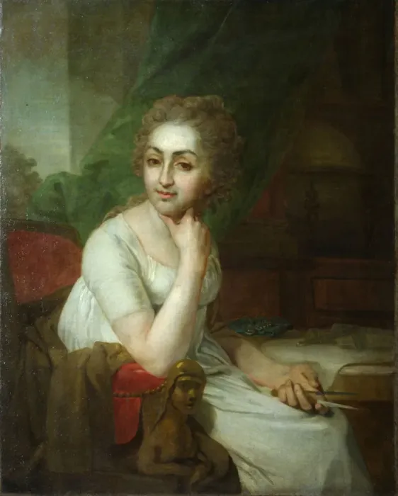 Framed Print : Portrait of an Unknown Woman with Compass in her Hand (Praskovia Golitsyna?). Artist: Borovikovsky, Vladimir Lukich (1757-1825) Framed Print : Portrait of an Unknown Woman with Compass in her Hand (Praskovia Golitsyna?). Artist: Borovikovsky, Vladimir Lukich (1757-1825)