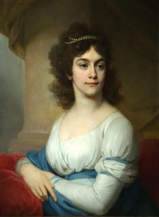 Framed Print : Portrait of an Unknown Woman in white gown with blue ribbon, End 1790s. Artist: Borovikovsky, Vladimir Lukich (1757-1825) Framed Print : Portrait of an Unknown Woman in white gown with blue ribbon, End 1790s. Artist: Borovikovsky, Vladimir Lukich (1757-1825)