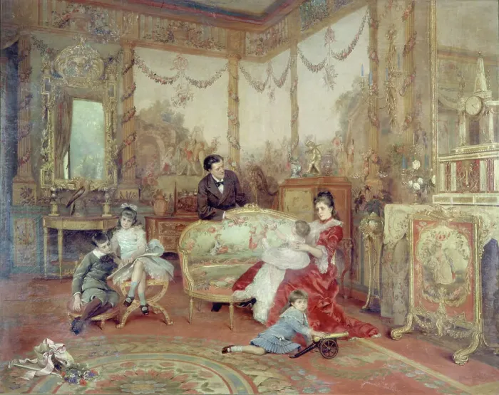 Framed Print : Portrait de Victorien Sardou (1831-1908), de sa femme et de ses enfants dans le grand... c1885. Creator: Auguste de la Brely