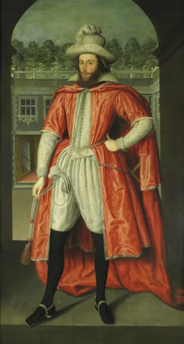 Framed Print : Portrait of William Pope, 1st Earl of Downe (1573-1631) as a Knight of the Bath, c. 1610. Artist: Peake, Robert, the Elder (1576-1619) Framed Print : Portrait of William Pope, 1st Earl of Downe (1573-1631) as a Knight of the Bath, c. 1610. Artist: Peake, Robert, the Elder (1576-1619)