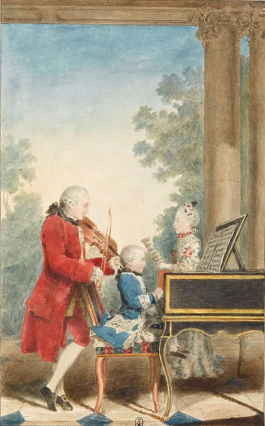 Portrait of Wolfgang Amadeus Mozart playing in Paris with his father Johann Georg Leopold, 1763-1764. Artist: Carmontelle, Louis (1717-1806)