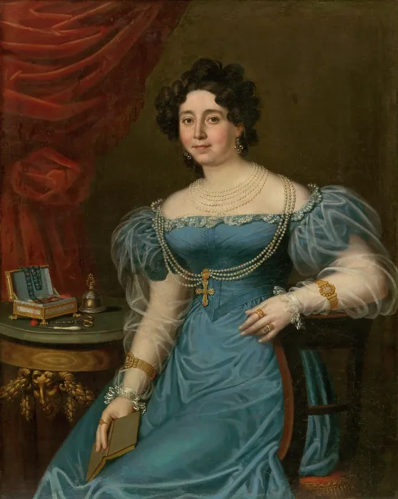 Framed Print : Portrait of a woman in a blue dress (Tereza Mattyasovszka, nee Bydeshazyova), 1827. Creator: Janos Rombauer