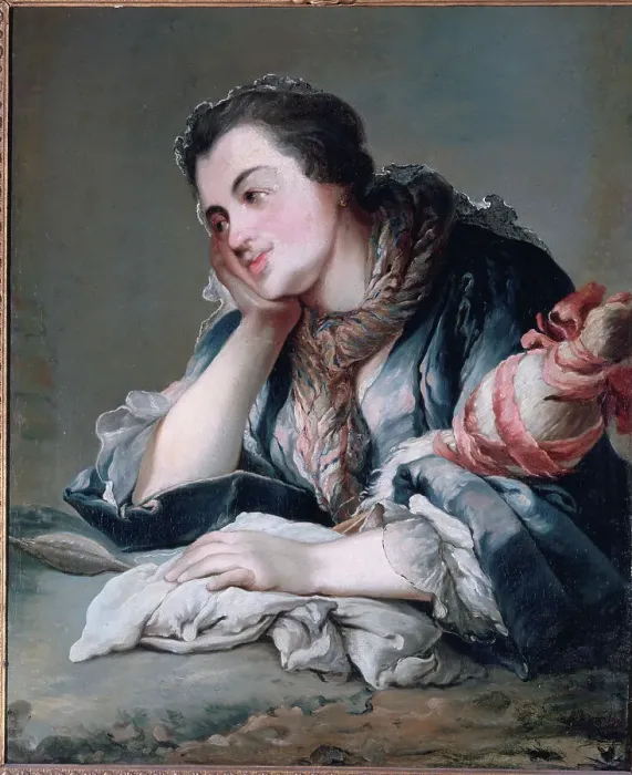 Framed Print : Portrait of a woman holding a distaff (around 1740), c1740. Creator: Unknown Framed Print : Portrait of a woman holding a distaff (around 1740), c1740. Creator: Unknown