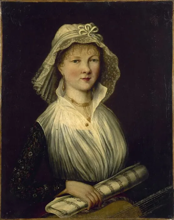 Framed Print : Portrait of a woman holding a roll of music, known as Mme Courcier, 1796. Creator: Unknown Framed Print : Portrait of a woman holding a roll of music, known as Mme Courcier, 1796. Creator: Unknown