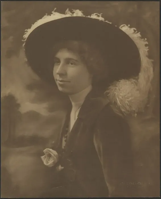 Framed Print : Portrait of a Woman Before Painted Scene, 1907-1924. Creator: Louis Fleckenstein