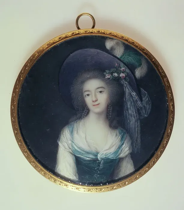 Framed Print : Portrait of woman in a plumed hat with ribbon, c1785. Creator: Vincenza Benzi-Basteris Framed Print : Portrait of woman in a plumed hat with ribbon, c1785. Creator: Vincenza Benzi-Basteris