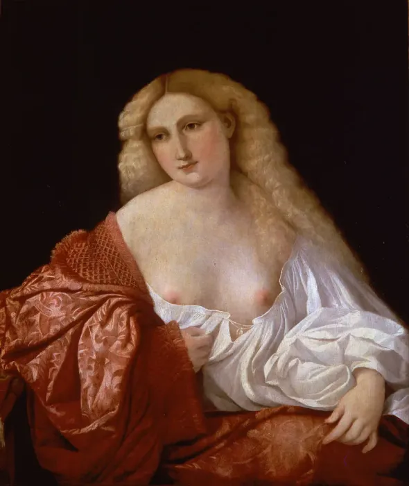 Framed Print : Portrait of a Woman (Portrait of a Courtesan), 1520. Artist: Palma il Vecchio, Jacopo, the Elder (1480-1528) Framed Print : Portrait of a Woman (Portrait of a Courtesan), 1520. Artist: Palma il Vecchio, Jacopo, the Elder (1480-1528)