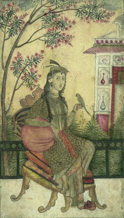 Framed Print : Portrait of a woman, seated, holding a small bird. Creator: Unknown Framed Print : Portrait of a woman, seated, holding a small bird. Creator: Unknown