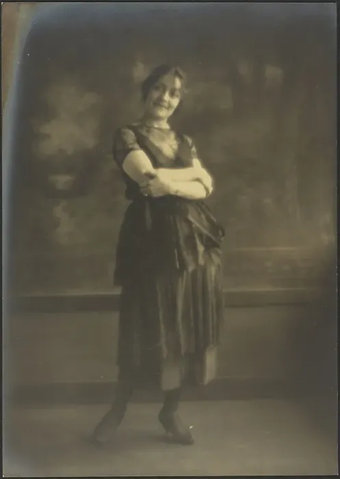 Framed Print : Portrait of a Woman Standing Before Tapestry, 1907-1943. Creator: Louis Fleckenstein Framed Print : Portrait of a Woman Standing Before Tapestry, 1907-1943. Creator: Louis Fleckenstein