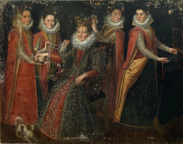 Portrait of five women with a dog and parrot