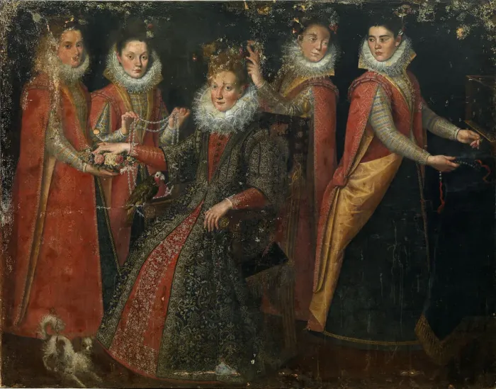 Framed Print : Portrait of five women with a dog and parrot Framed Print : Portrait of five women with a dog and parrot