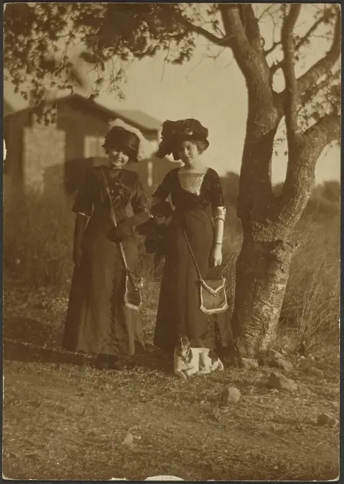 Framed Print : Portrait of Two Women Dressed Up in the Backyard, 1907-1943. Creator: Louis Fleckenstein Framed Print : Portrait of Two Women Dressed Up in the Backyard, 1907-1943. Creator: Louis Fleckenstein
