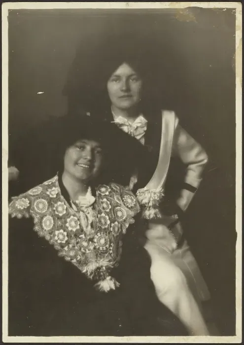 Framed Print : Portrait of Two Women in Ornate Outfits, 1907-1943. Creator: Louis Fleckenstein Framed Print : Portrait of Two Women in Ornate Outfits, 1907-1943. Creator: Louis Fleckenstein