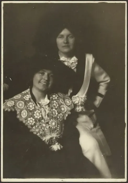 Framed Print : Portrait of Two Women in Ornate Outfits, 1907-1943. Creator: Louis Fleckenstein Framed Print : Portrait of Two Women in Ornate Outfits, 1907-1943. Creator: Louis Fleckenstein
