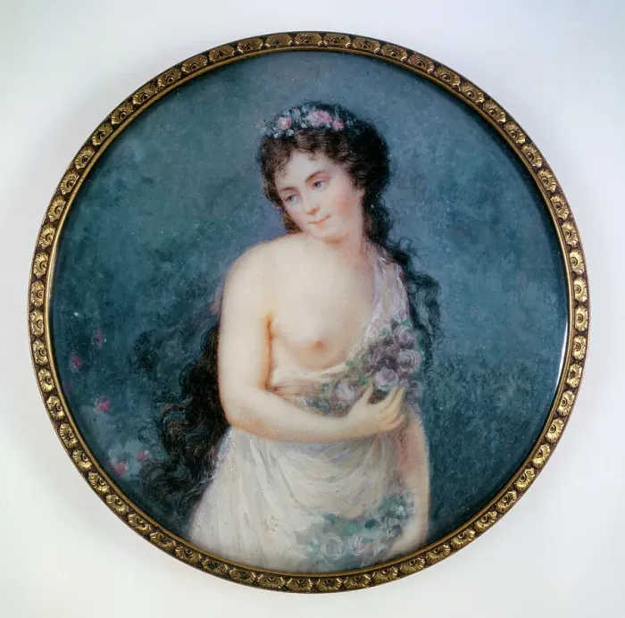 Framed Print : Portrait of a young brunette woman in flowers, c1790. Creator: Ecole Francaise Framed Print : Portrait of a young brunette woman in flowers, c1790. Creator: Ecole Francaise