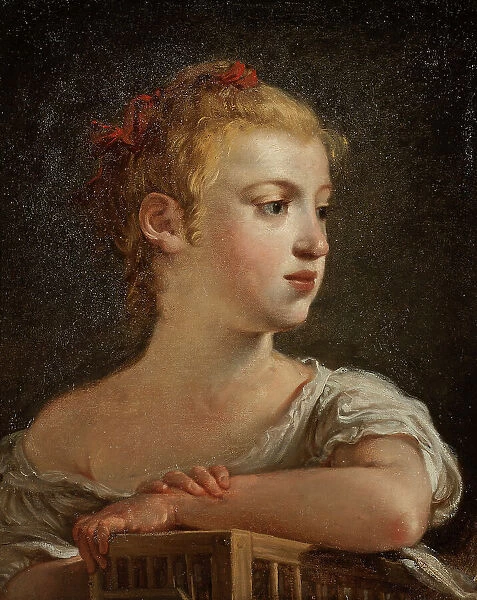 Portrait of young girl with birdcage, c18th century. Creator: Hugues Taraval