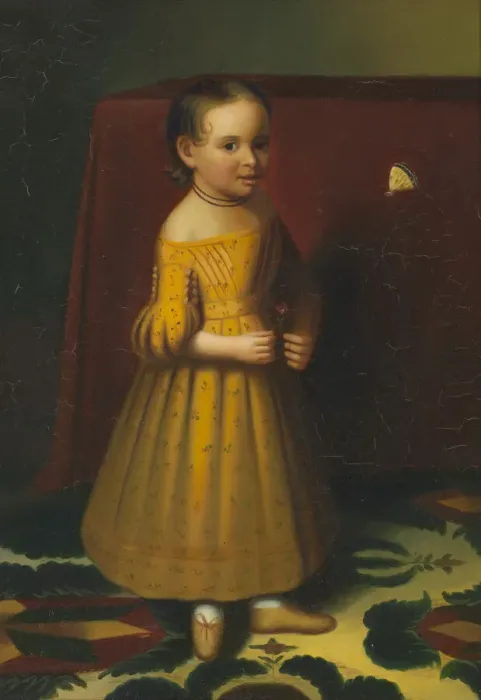 Framed Print : Portrait of a Young Girl with Rose and Butterfly, ca. 1838. Creator: Oliver Tarbell Eddy Framed Print : Portrait of a Young Girl with Rose and Butterfly, ca. 1838. Creator: Oliver Tarbell Eddy