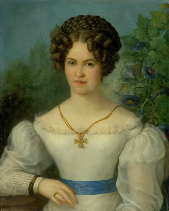 Framed Print : Portrait of a Young Lady in a White Dress, 1826. Creator: Jozef Ginovsky Framed Print : Portrait of a Young Lady in a White Dress, 1826. Creator: Jozef Ginovsky