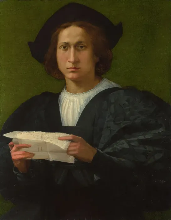 Framed Print : Portrait of a Young Man holding a Letter, 1518. Creator: Rosso Fiorentino (1495-1540) Framed Print : Portrait of a Young Man holding a Letter, 1518. Creator: Rosso Fiorentino (1495-1540)