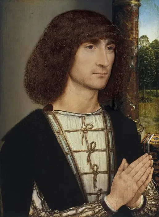 Framed Print : Portrait of a Young Man praying (recto), 1485. Creator: Hans Memling Framed Print : Portrait of a Young Man praying (recto), 1485. Creator: Hans Memling