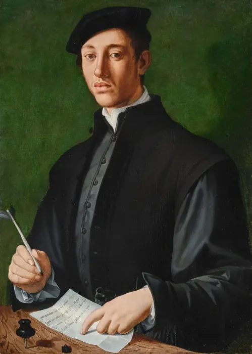 Framed Print : Portrait of a young man with a quill and a sheet of paper (Self-Portrait), c. 1527. Creator: Bronzino, Agnolo (1503-1572) Framed Print : Portrait of a young man with a quill and a sheet of paper (Self-Portrait), c. 1527. Creator: Bronzino, Agnolo (1503-1572)