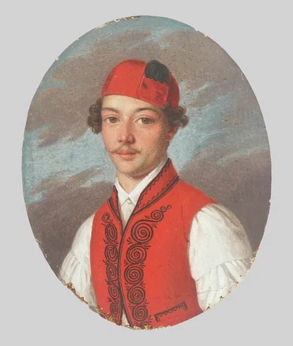 Framed Print : Portrait of a Young Man in a Red Vest, 1830-1840. Creator: Unknown Framed Print : Portrait of a Young Man in a Red Vest, 1830-1840. Creator: Unknown