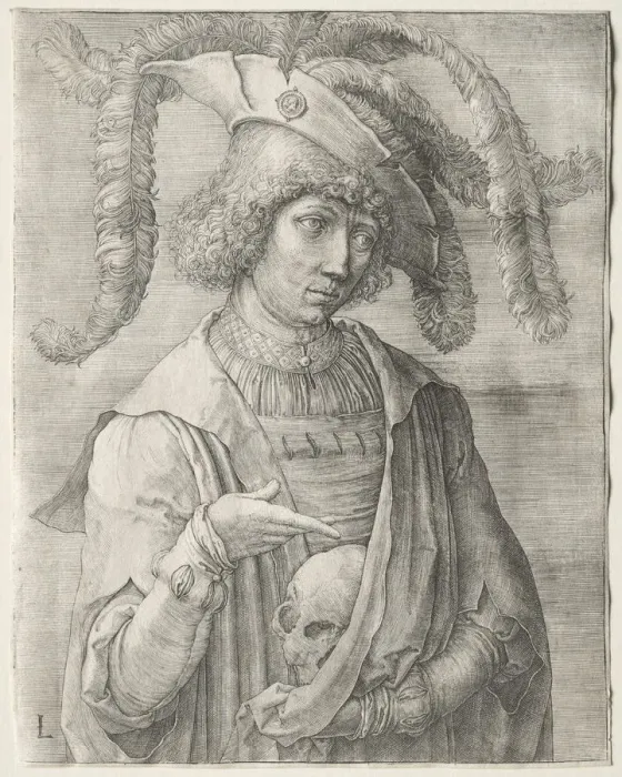Framed Print : Portrait of a Young Man with a Skull, c. 1519. Creator: Lucas van Leyden (Dutch, 1494-1533) Framed Print : Portrait of a Young Man with a Skull, c. 1519. Creator: Lucas van Leyden (Dutch, 1494-1533)