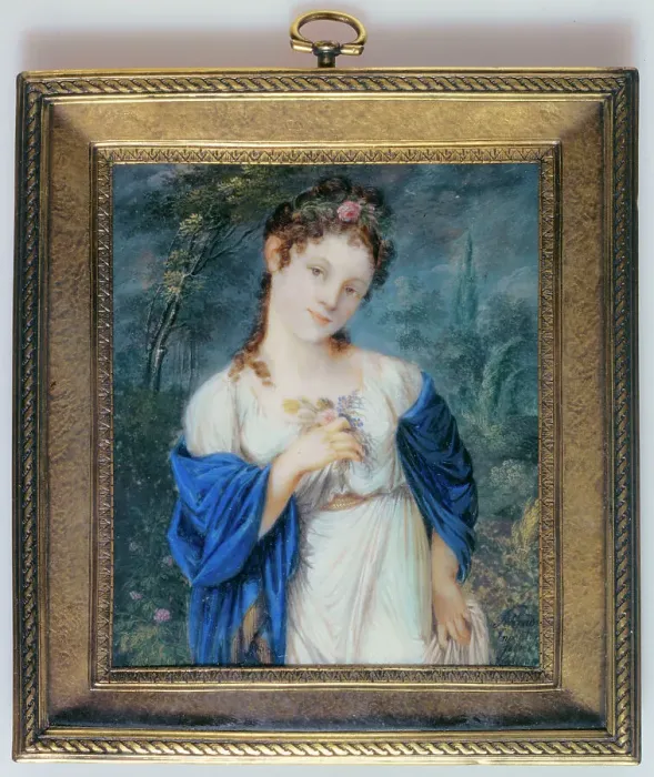 Framed Print : Portrait of a young woman in flowers, c1800. Creator: Schrader Framed Print : Portrait of a young woman in flowers, c1800. Creator: Schrader