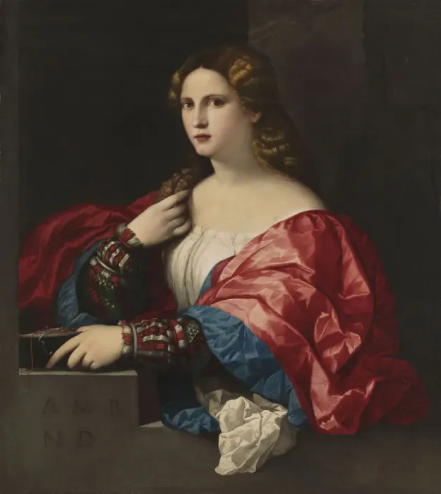 Framed Print : Portrait of a young woman (La Bella). Artist: Palma il Vecchio, Jacopo, the Elder (1480-1528) Framed Print : Portrait of a young woman (La Bella). Artist: Palma il Vecchio, Jacopo, the Elder (1480-1528)
