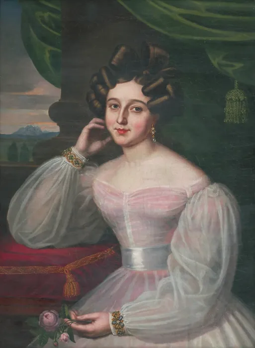 Framed Print : Portrait of a young woman in a pink dress, holding a rose, 1829. Creator: Janos Rombauer Framed Print : Portrait of a young woman in a pink dress, holding a rose, 1829. Creator: Janos Rombauer
