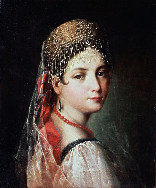 Portrait of a Young woman in Sarafan and Kokoshnik, 1820s. Artist: Mauro Gandolfi