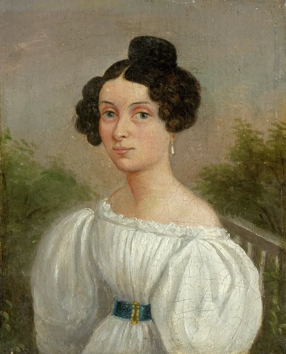 Framed Print : Portrait of a Young Woman in a White Dress, 1830-1840. Creators: Unknown, Jozef Czauczik Framed Print : Portrait of a Young Woman in a White Dress, 1830-1840. Creators: Unknown, Jozef Czauczik