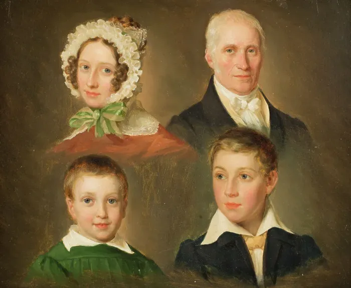 Framed Print : Portraits of the artist's father, wife, son and foster son, 1830s. Creator: Emil Baerentzen Framed Print : Portraits of the artist's father, wife, son and foster son, 1830s. Creator: Emil Baerentzen