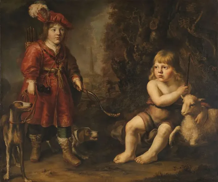 Framed Print : Portraits of two Boys in a Landscape, one dressed as a Hunter, the other St as John the Baptist, 164 Creator: Douwe Juwes de Dowe Framed Print : Portraits of two Boys in a Landscape, one dressed as a Hunter, the other St as John the Baptist, 164 Creator: Douwe Juwes de Dowe
