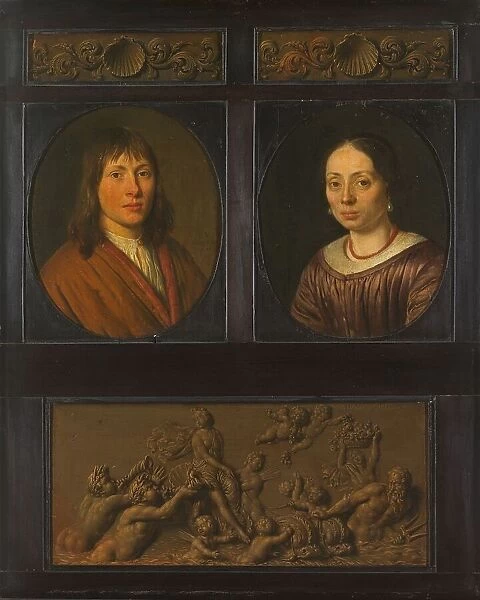Portraits of a Man and a Woman framed with two ornamental frieze miniatures with shell motif and a T Creator: Pieter Cornelisz. van Slingeland