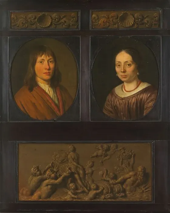 Framed Print : Portraits of a Man and a Woman framed with two ornamental frieze miniatures with shell motif and a T Creator: Pieter Cornelisz. van Slingeland Framed Print : Portraits of a Man and a Woman framed with two ornamental frieze miniatures with shell motif and a T Creator: Pieter Cornelisz. van Slingeland