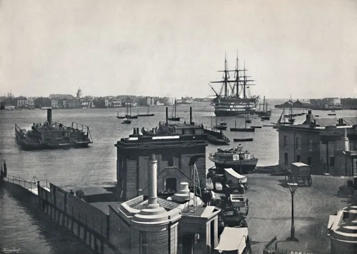 Framed Print : Portsmouth - General View of the Harbour, Showing Nelsons Battleship, The Victory. 1895 Framed Print : Portsmouth - General View of the Harbour, Showing Nelsons Battleship, The Victory. 1895