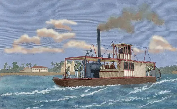 Framed Print : Portuguese gunboat commanded by Major Serpa Pinto, Zambezi River, late 19th century. Creator: Unknown Framed Print : Portuguese gunboat commanded by Major Serpa Pinto, Zambezi River, late 19th century. Creator: Unknown
