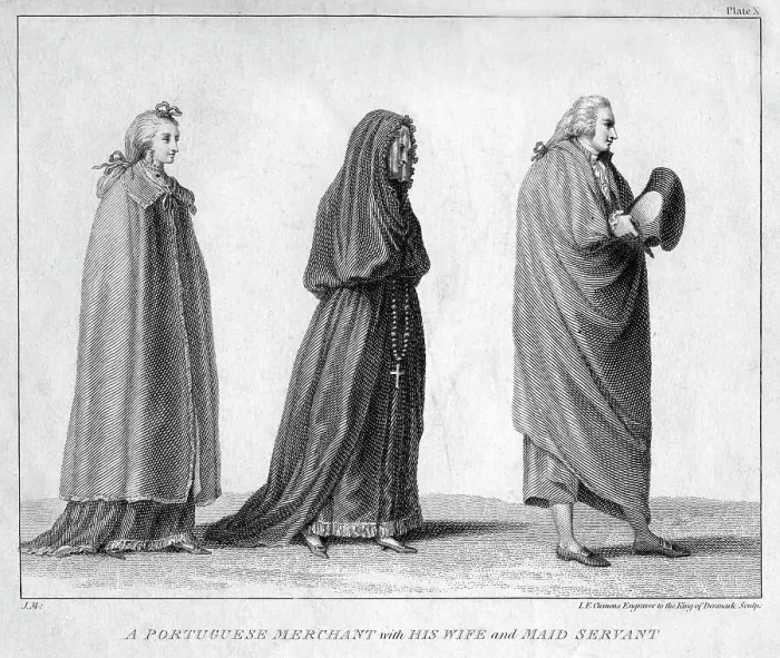 Framed Print : A Portuguese merchant with his wife and maidservant, 1795. Artist: IF Clemens Framed Print : A Portuguese merchant with his wife and maidservant, 1795. Artist: IF Clemens