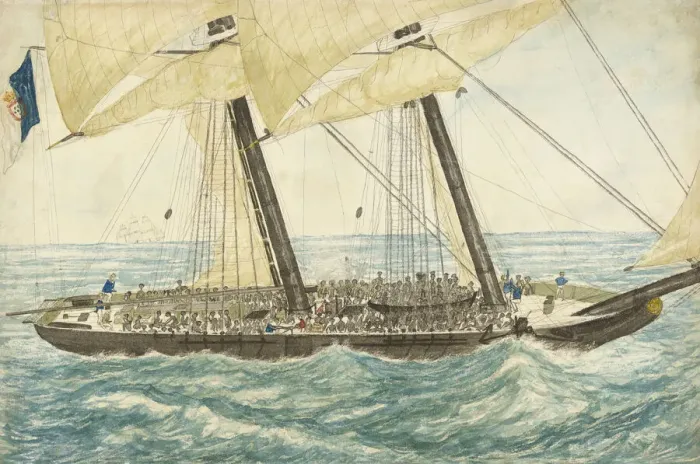 Framed Print : The Portuguese slaver Diligentecaptured by H. M. Sloop Pearl with 600 slaves