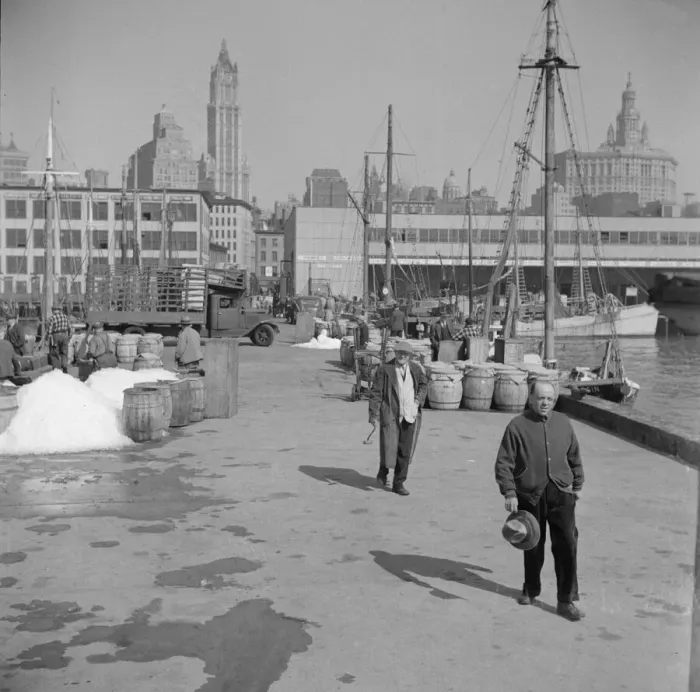 Framed Print : Possibly: Barrels of fish on the docks at Fulton fish market ready to be shipped... New York, 1943. Creator: Gordon Parks Framed Print : Possibly: Barrels of fish on the docks at Fulton fish market ready to be shipped... New York, 1943. Creator: Gordon Parks