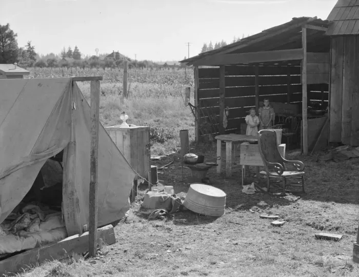 Framed Print : Possibly: Bean pickers camp in growers yard... near West Stayton, Marion County, Oregon, 1939. Creator: Dorothea Lange Framed Print : Possibly: Bean pickers camp in growers yard... near West Stayton, Marion County, Oregon, 1939. Creator: Dorothea Lange