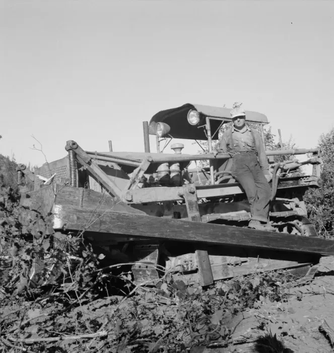 Framed Print : Possibly: Bulldozer raises and pushes stump on cut-over farm, Lewis County, Western Washington, 1939 Creator: Dorothea Lange Framed Print : Possibly: Bulldozer raises and pushes stump on cut-over farm, Lewis County, Western Washington, 1939 Creator: Dorothea Lange