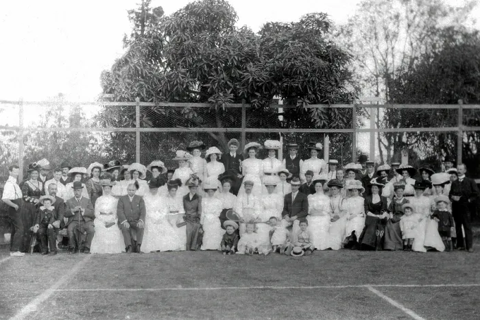 Framed Print : Possibly City Electric Light company employees and their families on a tennis court, 1903 Framed Print : Possibly City Electric Light company employees and their families on a tennis court, 1903